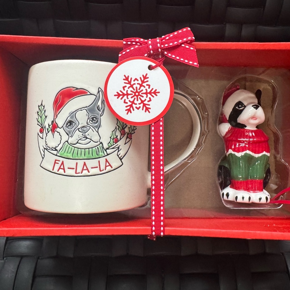 InHomeStylez Frenchie Dog Ornament & Mug  FA-LA-LA Ceramic Boxed  2-Piece Set